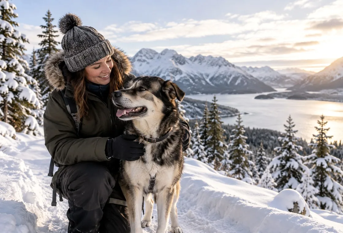 Owner and dog together in a snowy mountain setting